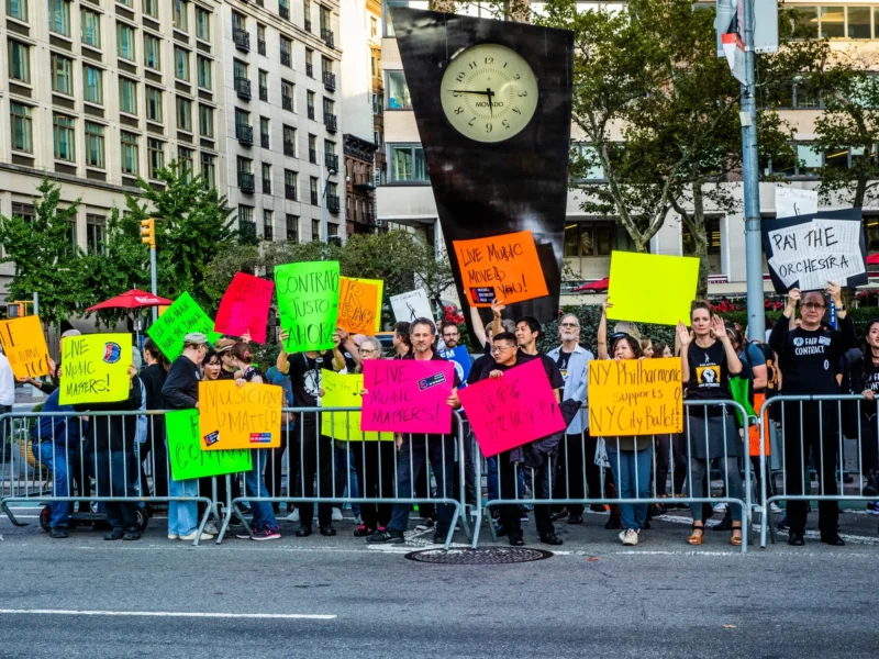 New York City Ballet’s orchestra staged a rally across the street from Lincoln Center’s plaza before the ballet company’s fall gala on Oct. 5, 2023