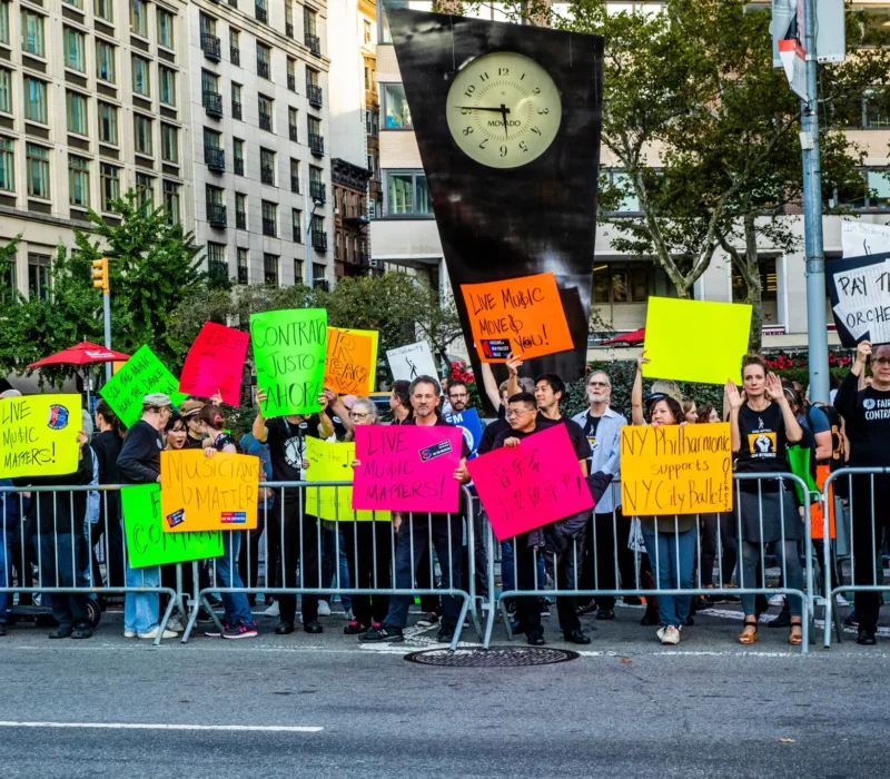 New York City Ballet’s orchestra staged a rally across the street from Lincoln Center’s plaza before the ballet company’s fall gala on Oct. 5, 2023